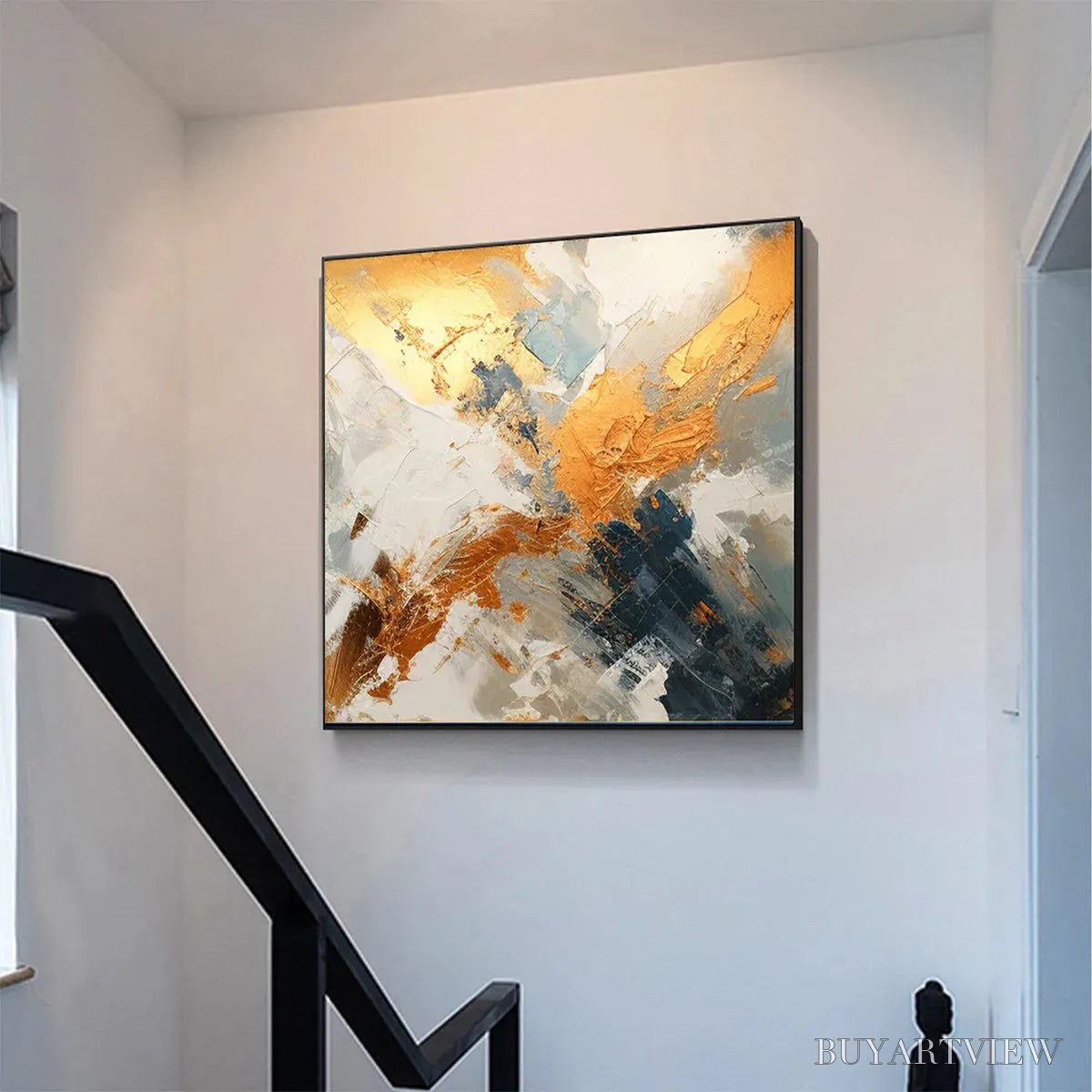 ARTOVITAS Gilded Confluence – Square Abstract Oil Painting with Gold, and Grey - image 4