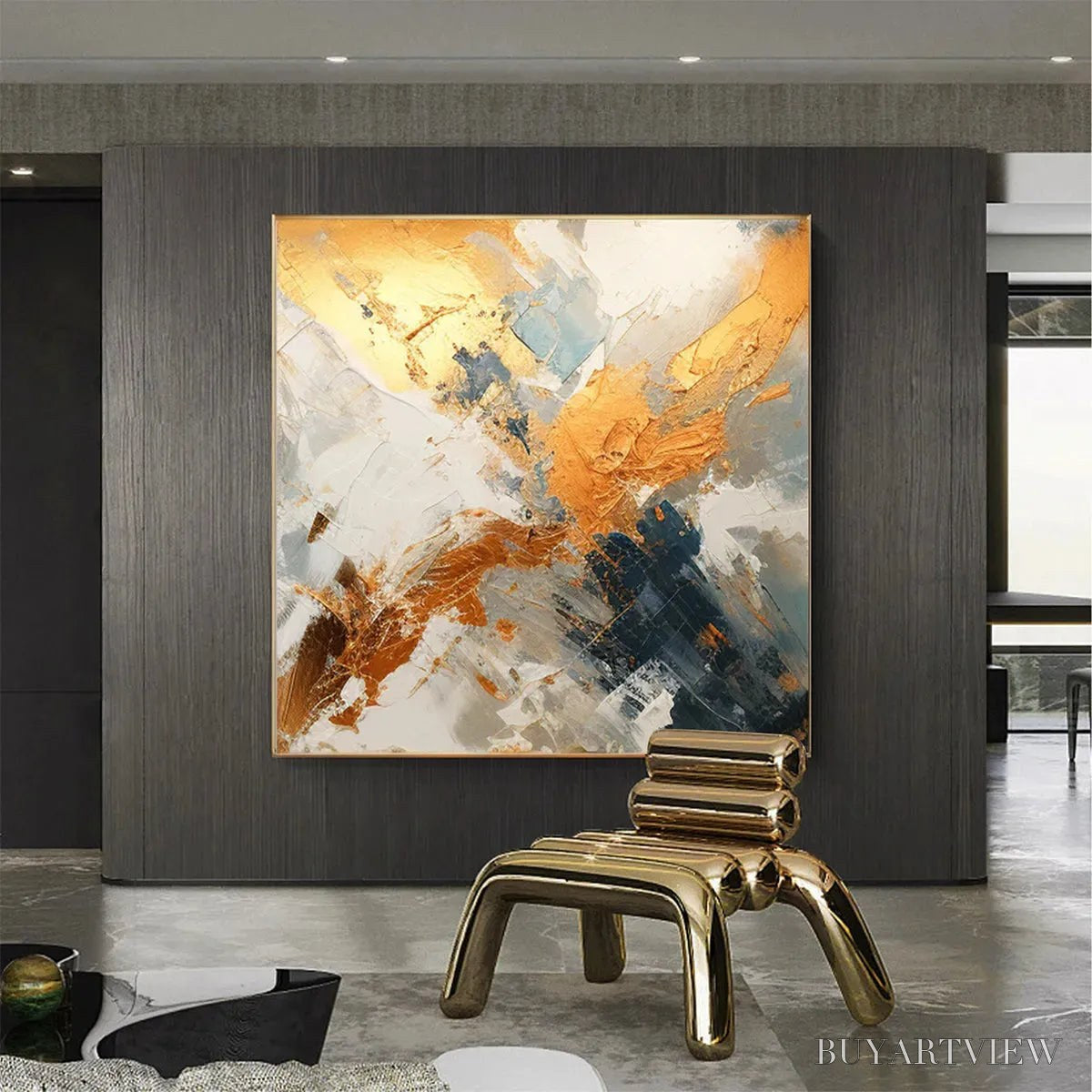 ARTOVITAS Gilded Confluence – Square Abstract Oil Painting with Gold, and Grey - image 5