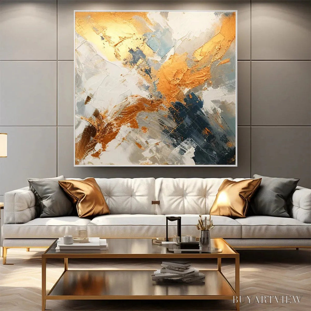 ARTOVITAS Gilded Confluence – Square Abstract Oil Painting with Gold, and Grey - image 6
