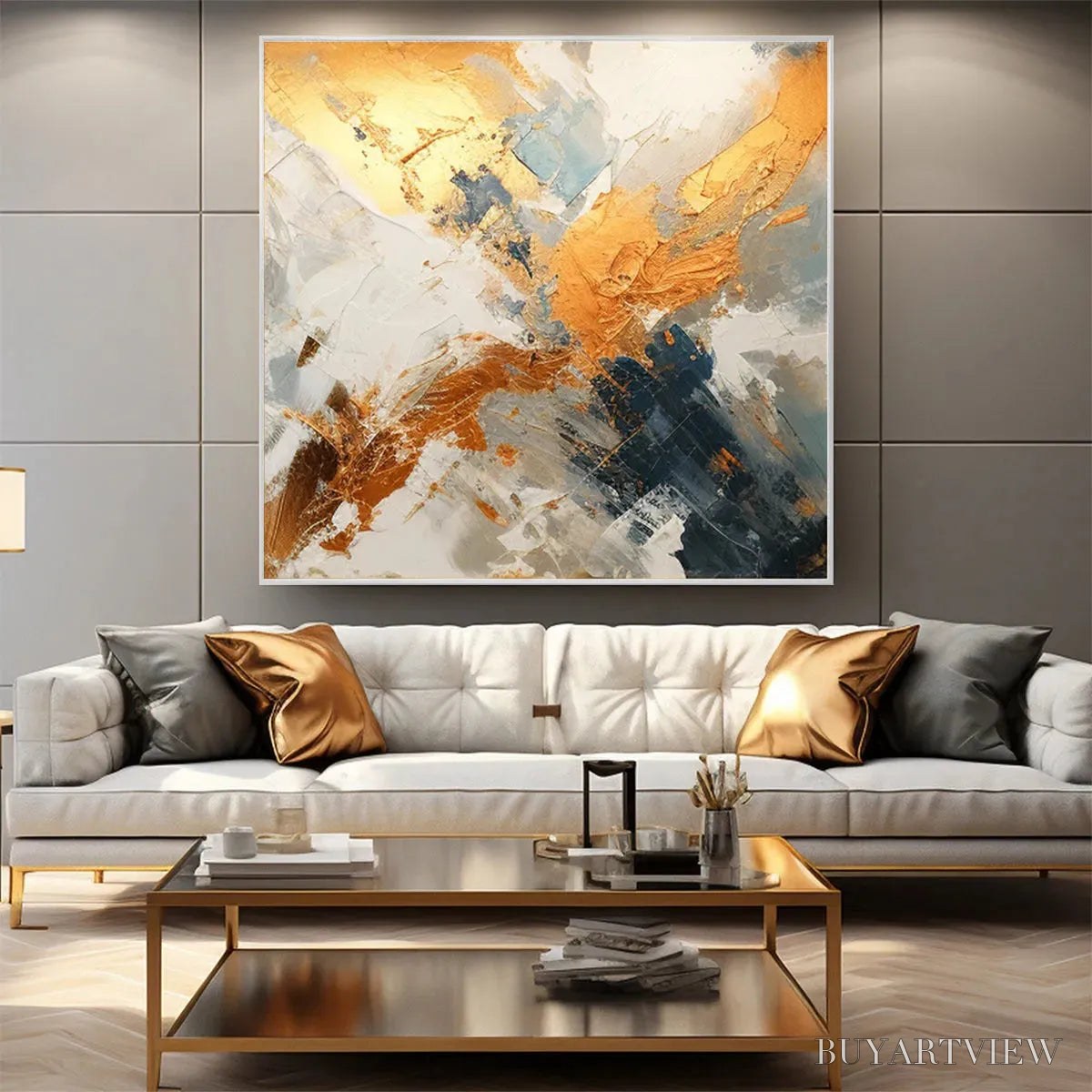 ARTOVITAS Gilded Confluence – Square Abstract Oil Painting with Gold, and Grey - image 6