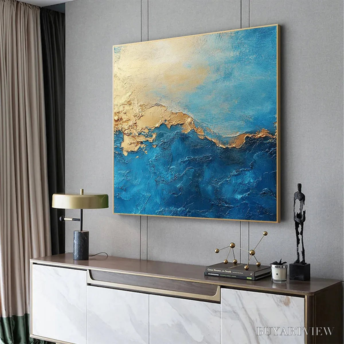 ARTOVITAS Gilded Tidepool – Square Abstract Oil Painting with Gold Leaf and Blue - image 2