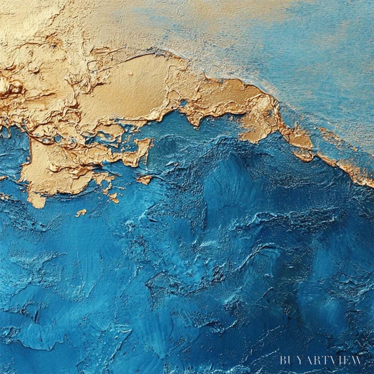 ARTOVITAS Gilded Tidepool – Square Abstract Oil Painting with Gold Leaf and Blue - image 3