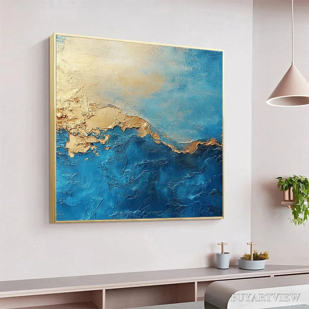 ARTOVITAS Gilded Tidepool – Square Abstract Oil Painting with Gold Leaf and Blue - image 4
