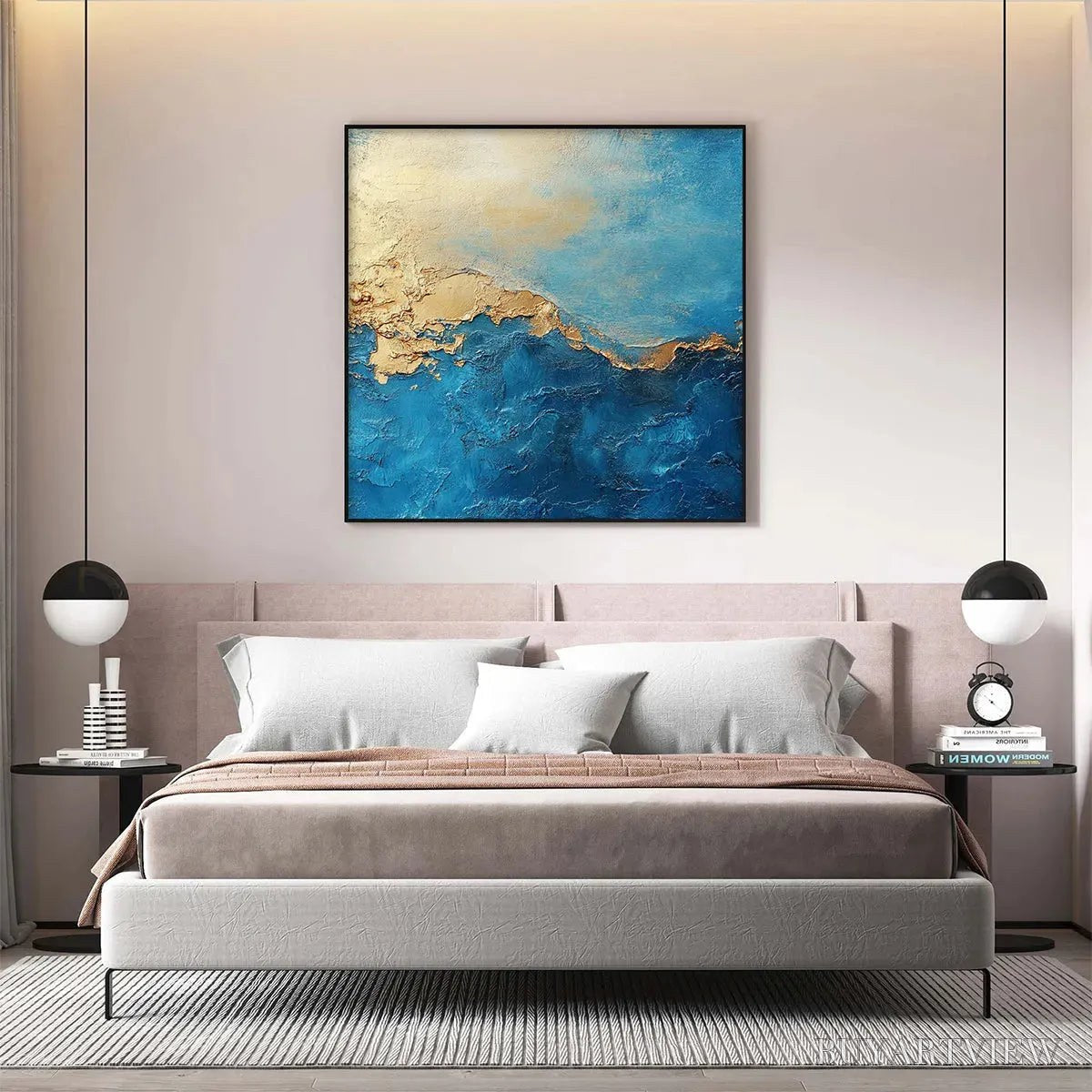 ARTOVITAS Gilded Tidepool – Square Abstract Oil Painting with Gold Leaf and Blue - image 5