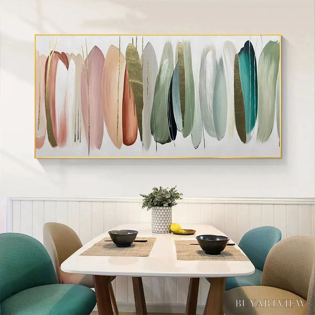 ARTOVITAS Autumn Whispers – Abstract Painting in Pink, Green, and Gold, Horizontal Canvas, Modern - image 2