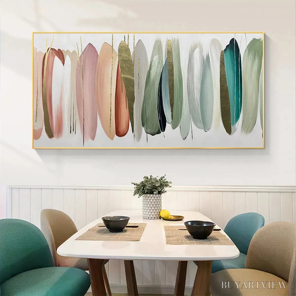 ARTOVITAS Autumn Whispers – Abstract Painting in Pink, Green, and Gold, Horizontal Canvas, Modern - image 2