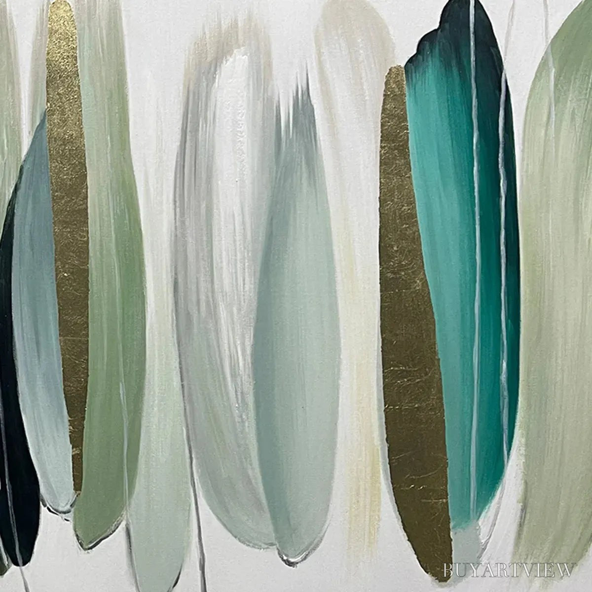 ARTOVITAS Autumn Whispers – Abstract Painting in Pink, Green, and Gold, Horizontal Canvas, Modern - image 3