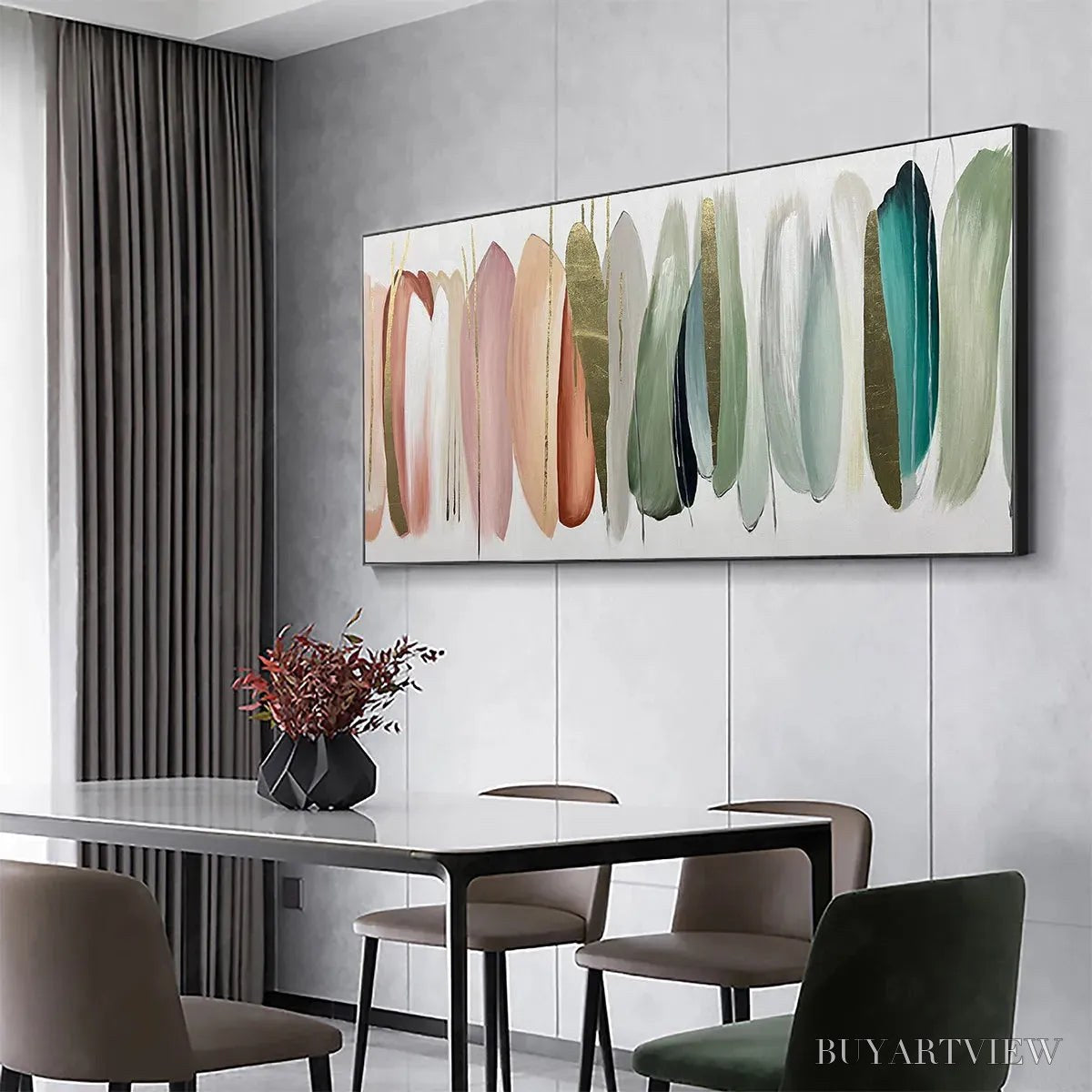 ARTOVITAS Autumn Whispers – Abstract Painting in Pink, Green, and Gold, Horizontal Canvas, Modern - image 4