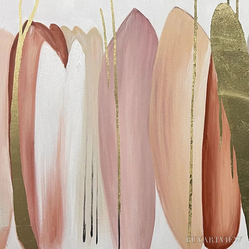 ARTOVITAS Autumn Whispers – Abstract Painting in Pink, Green, and Gold, Horizontal Canvas, Modern - image 5
