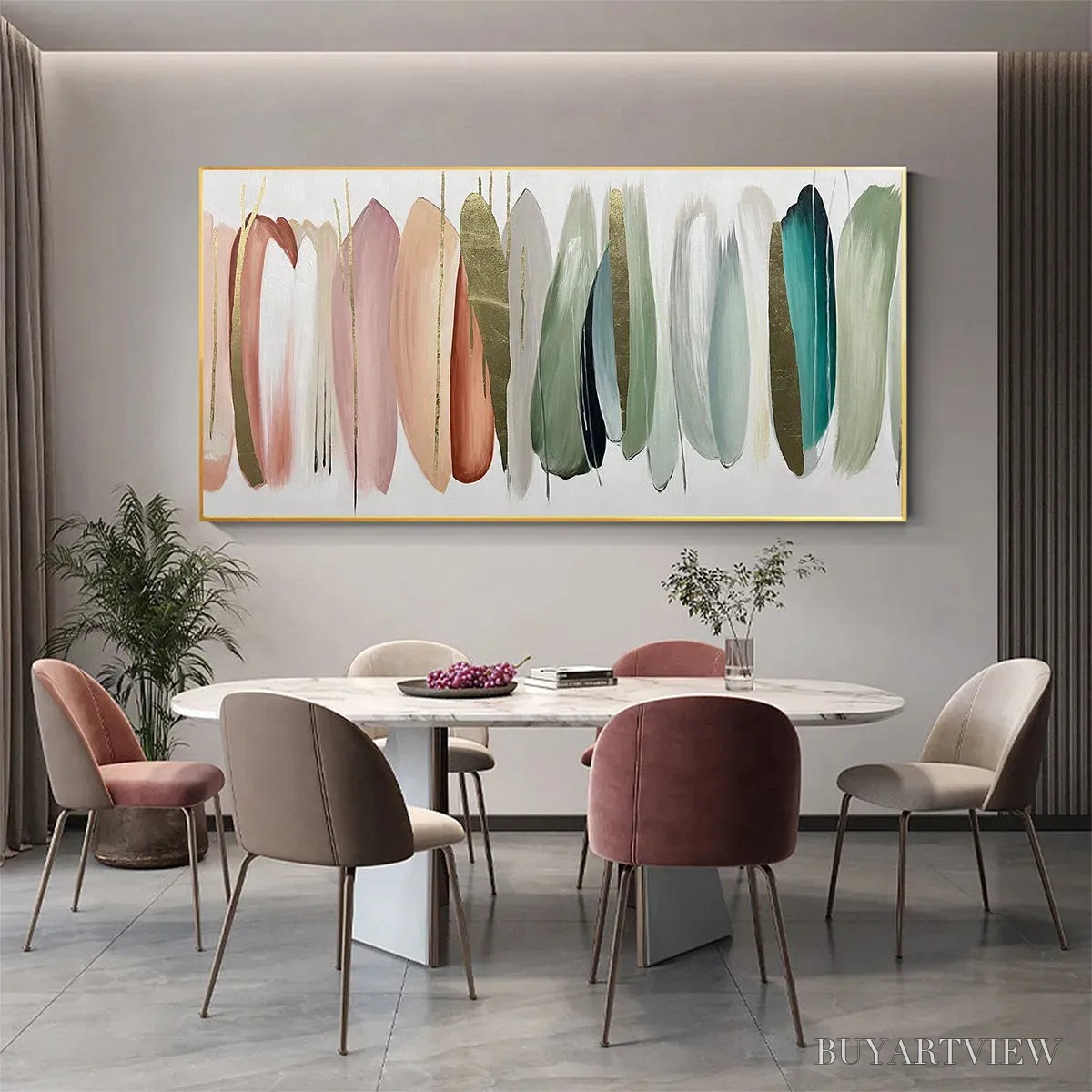 ARTOVITAS Autumn Whispers – Abstract Painting in Pink, Green, and Gold, Horizontal Canvas, Modern - image 6
