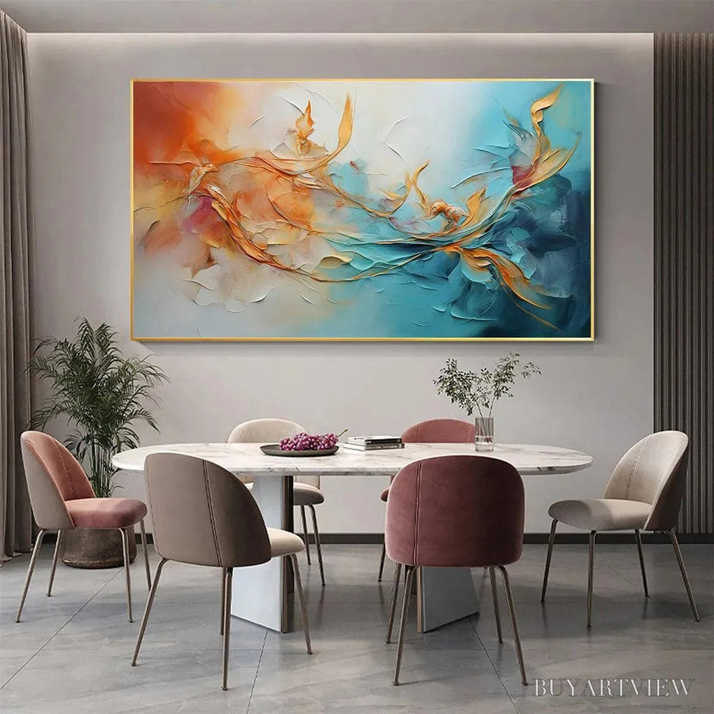 ARTOVITAS Golden Currents – Panoramic Abstract Teal and Gold Oil Painting - image 2