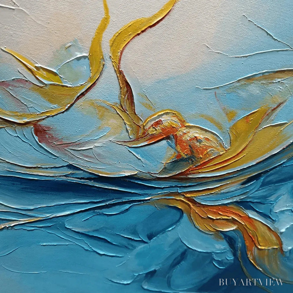 ARTOVITAS Golden Currents – Panoramic Abstract Teal and Gold Oil Painting - image 3