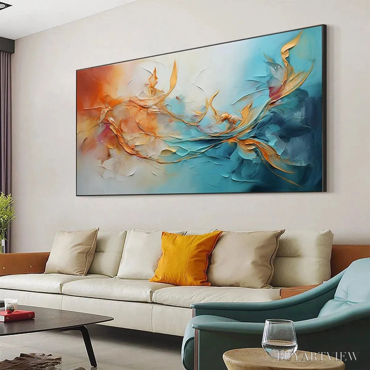ARTOVITAS Golden Currents – Panoramic Abstract Teal and Gold Oil Painting - image 4