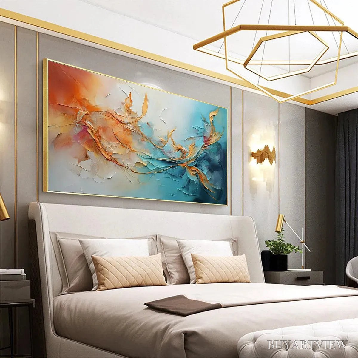 ARTOVITAS Golden Currents – Panoramic Abstract Teal and Gold Oil Painting - image 5