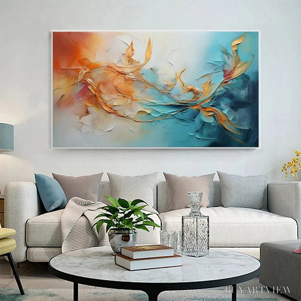 ARTOVITAS Golden Currents – Panoramic Abstract Teal and Gold Oil Painting - image 6