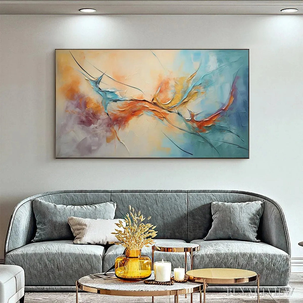 ARTOVITAS Coral Reef – Panoramic Abstract Blue and Orange Oil Painting - image 2