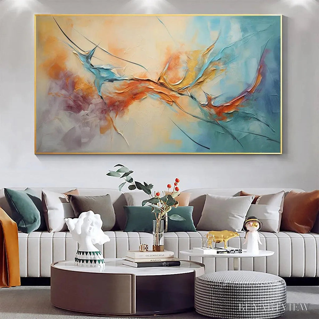 ARTOVITAS Coral Reef – Panoramic Abstract Blue and Orange Oil Painting - image 4