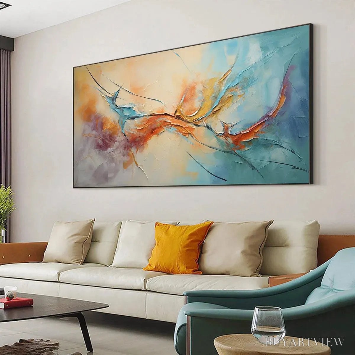 ARTOVITAS Coral Reef – Panoramic Abstract Blue and Orange Oil Painting - image 5
