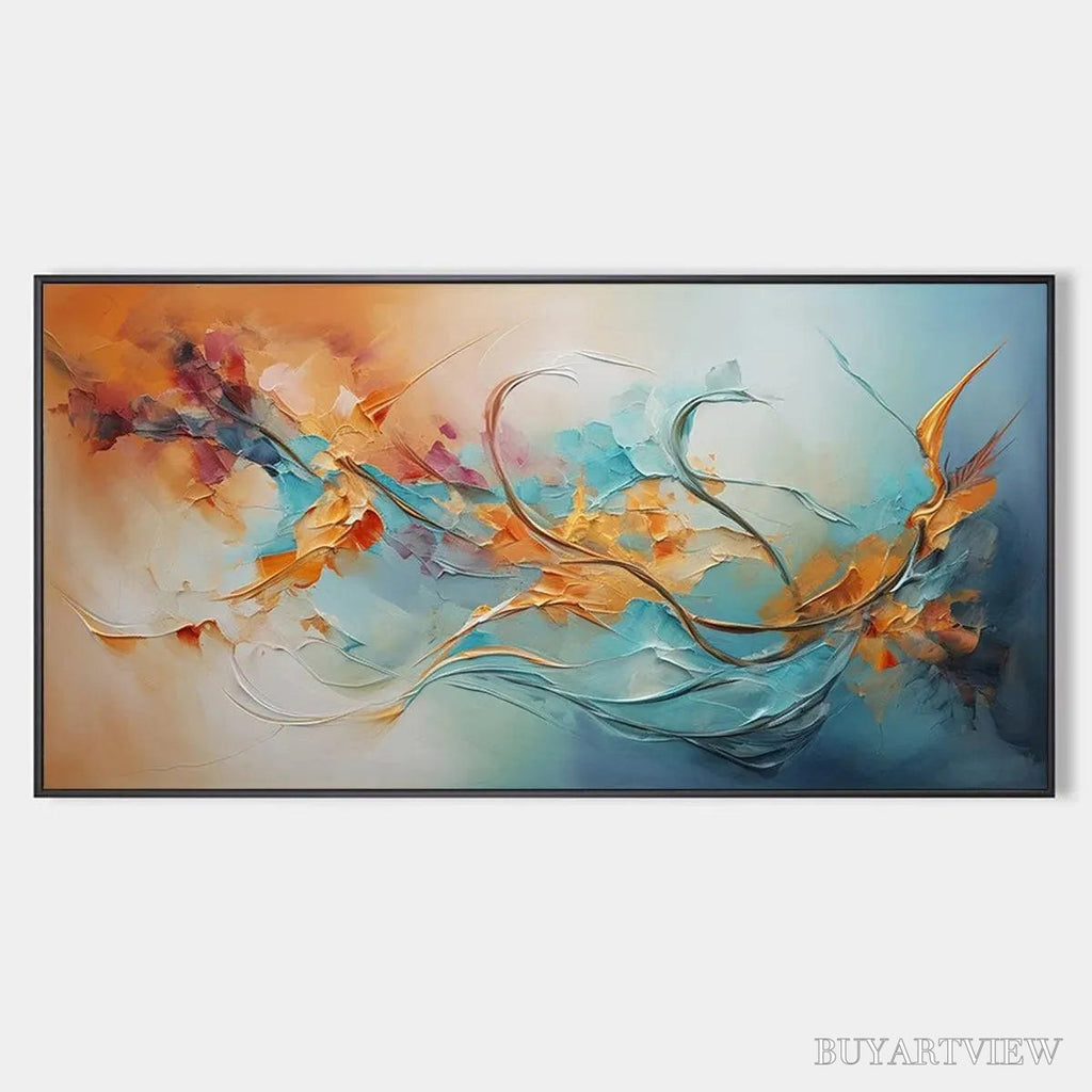 ARTOVITAS Serene Dawn – Panoramic Abstract Teal and Gold Oil Painting - image 1