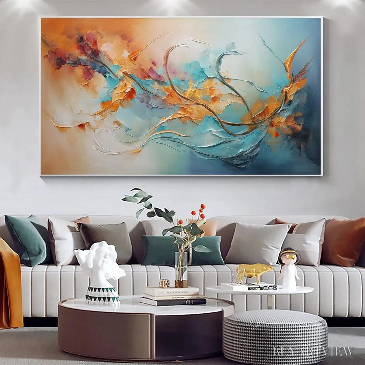 ARTOVITAS Serene Dawn – Panoramic Abstract Teal and Gold Oil Painting - image 2