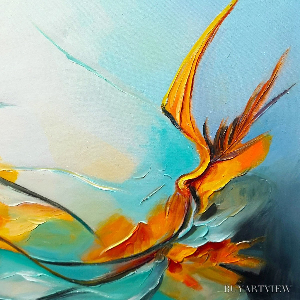 ARTOVITAS Serene Dawn – Panoramic Abstract Teal and Gold Oil Painting - image 3