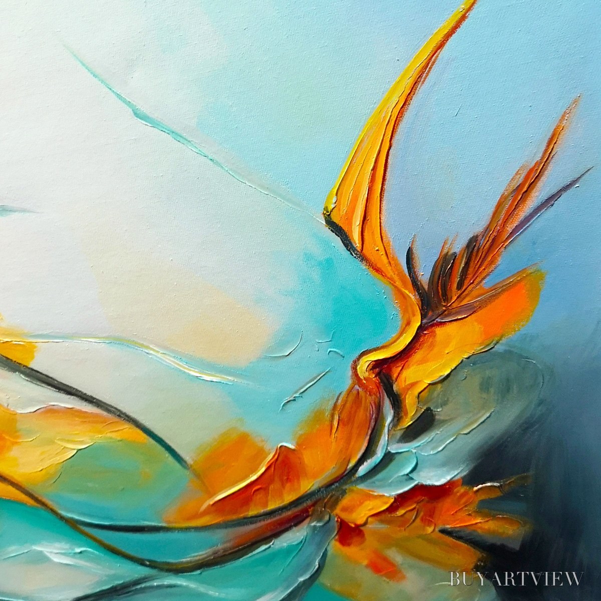 ARTOVITAS Serene Dawn – Panoramic Abstract Teal and Gold Oil Painting - image 3
