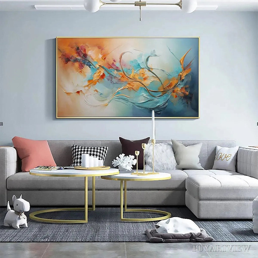ARTOVITAS Serene Dawn – Panoramic Abstract Teal and Gold Oil Painting - image 4