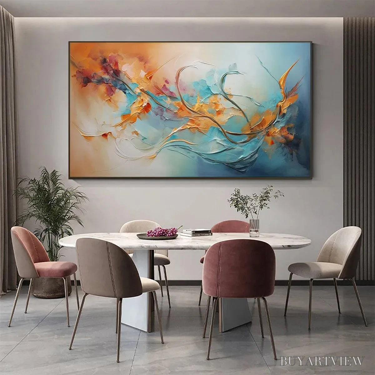 ARTOVITAS Serene Dawn – Panoramic Abstract Teal and Gold Oil Painting - image 5