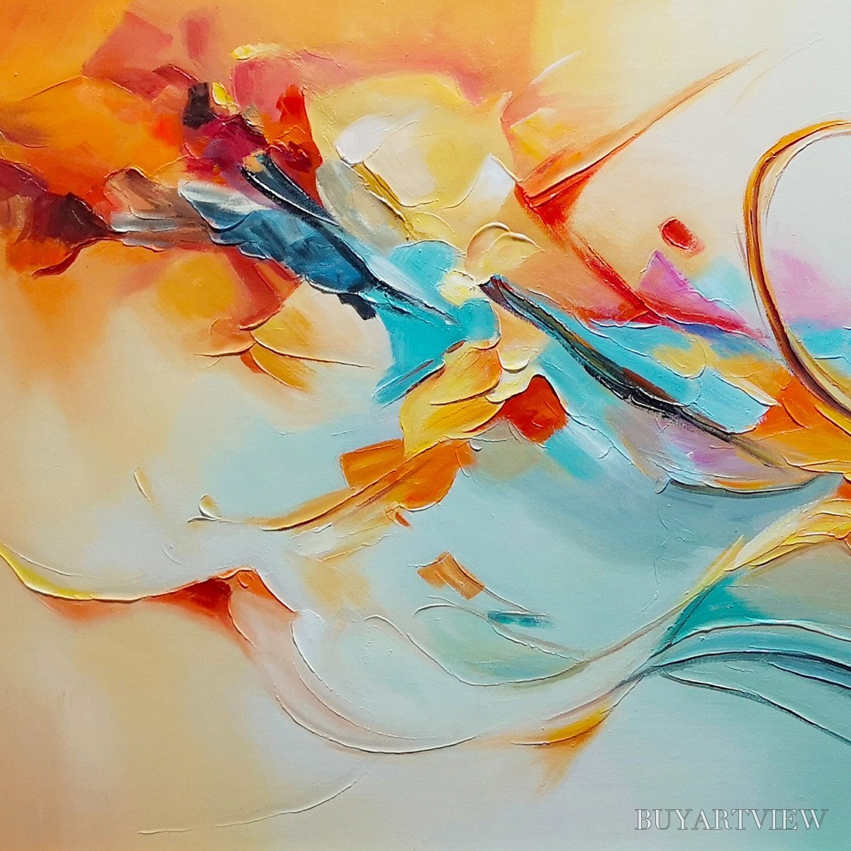 ARTOVITAS Serene Dawn – Panoramic Abstract Teal and Gold Oil Painting - image 6