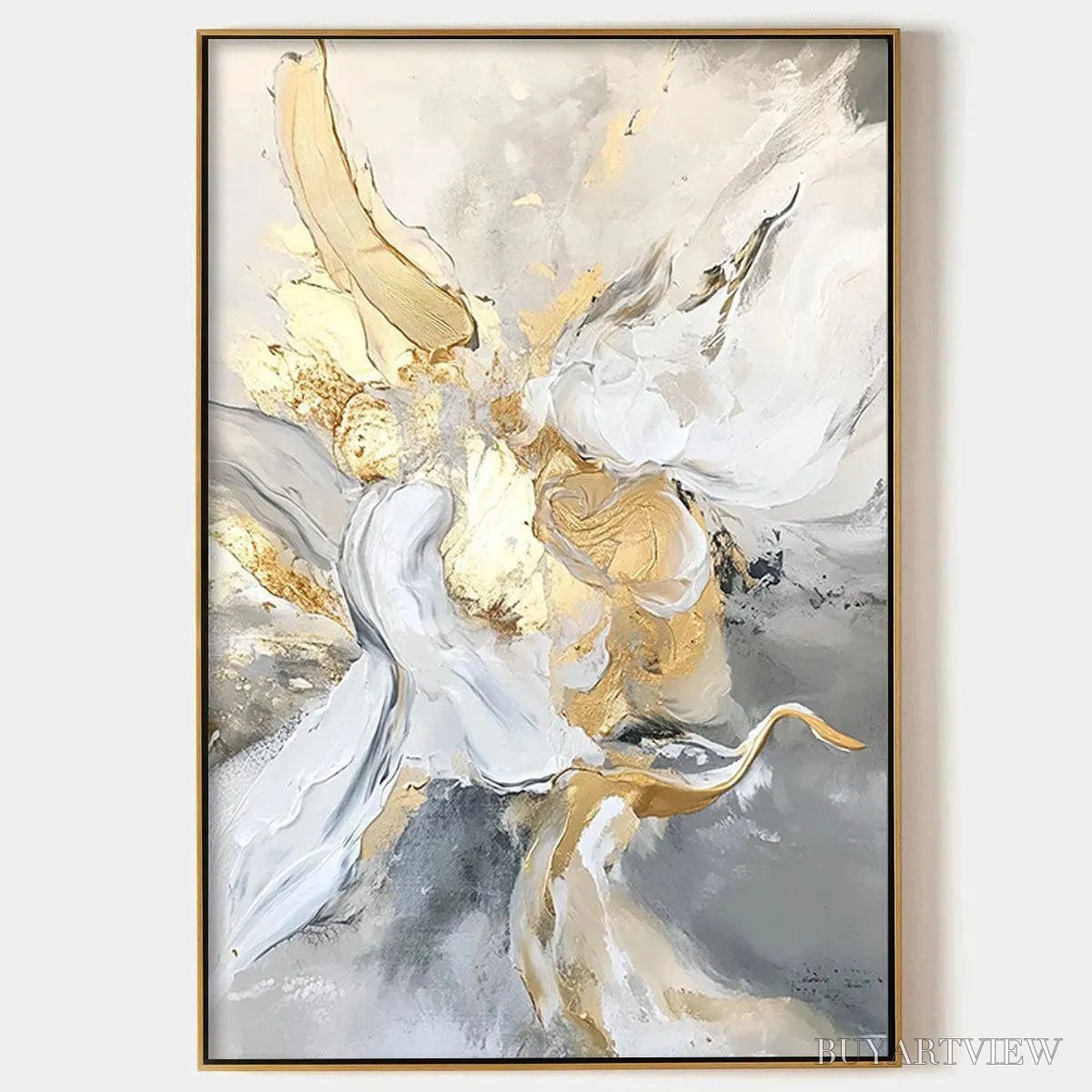 ARTOVITAS Ethereal Gold – Abstract White, Grey and Gold Oil Painting - image 1