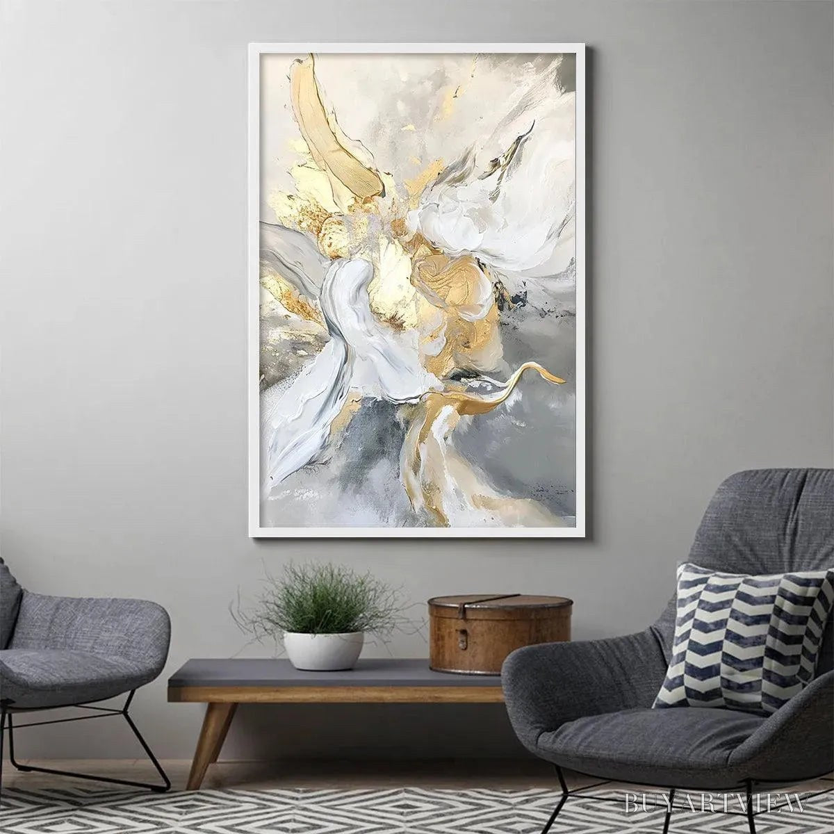 ARTOVITAS Ethereal Gold – Abstract White, Grey and Gold Oil Painting - image 2