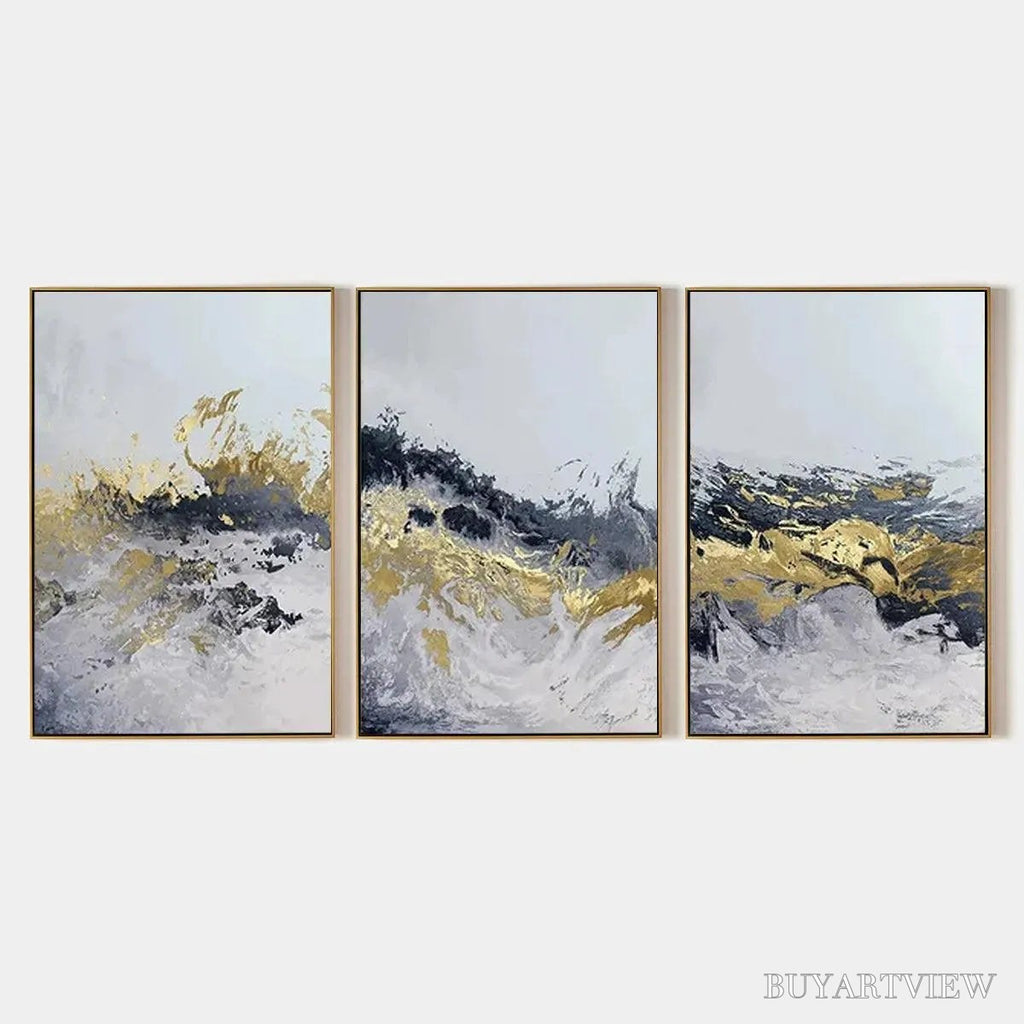 ARTOVITAS Gold & Grey Abstract Triptych – Abstract Painting Set of 3, Vertical - image 1