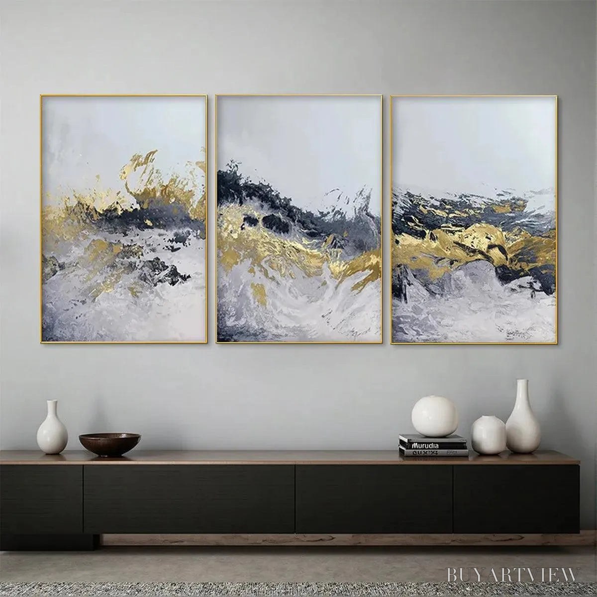 ARTOVITAS Gold & Grey Abstract Triptych – Abstract Painting Set of 3, Vertical - image 2
