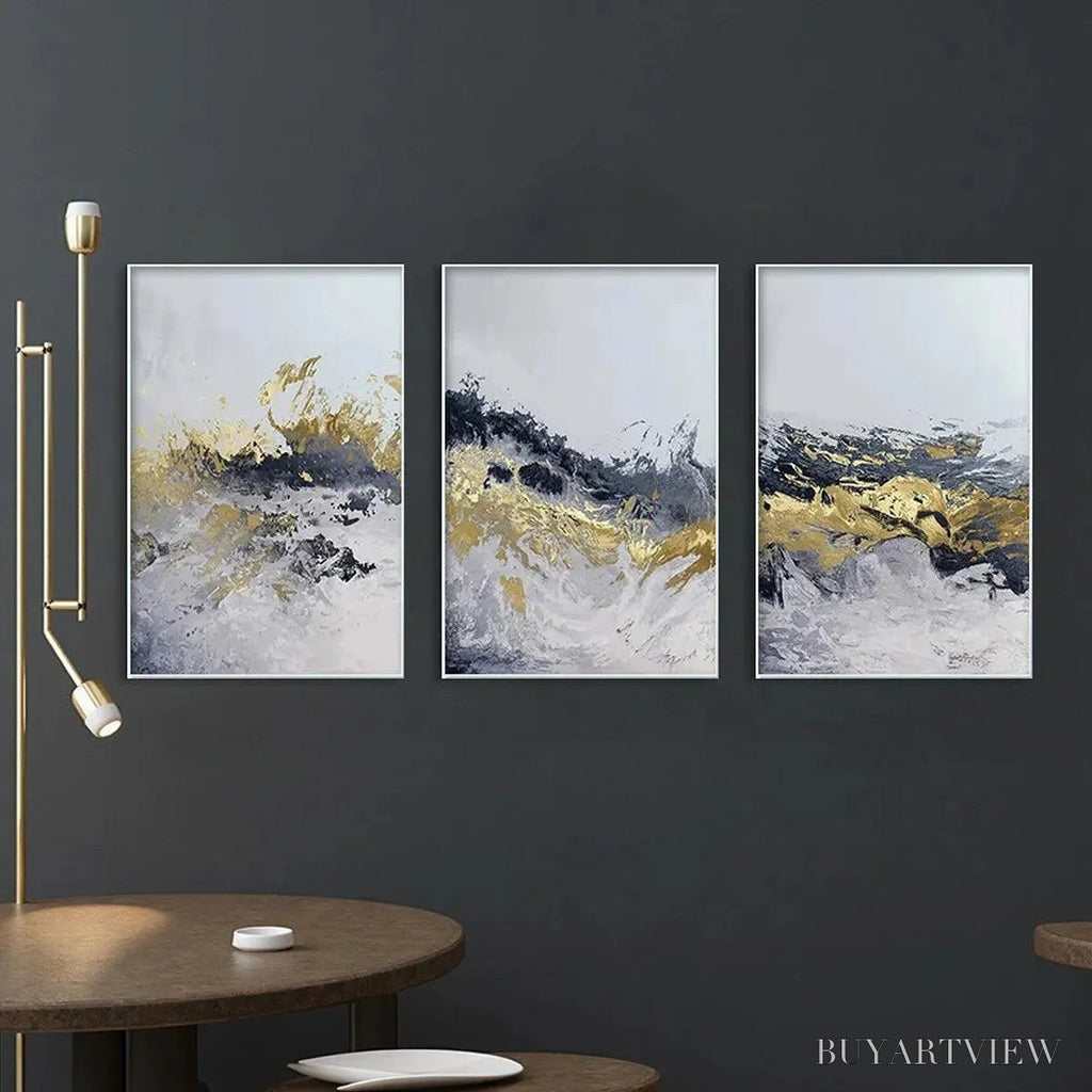 ARTOVITAS Gold & Grey Abstract Triptych – Abstract Painting Set of 3, Vertical - image 4
