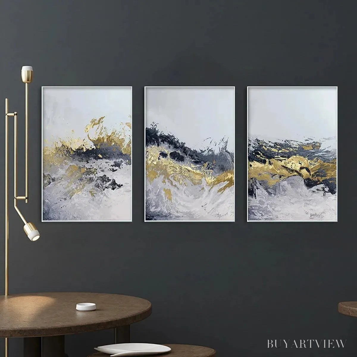 ARTOVITAS Gold & Grey Abstract Triptych – Abstract Painting Set of 3, Vertical - image 4