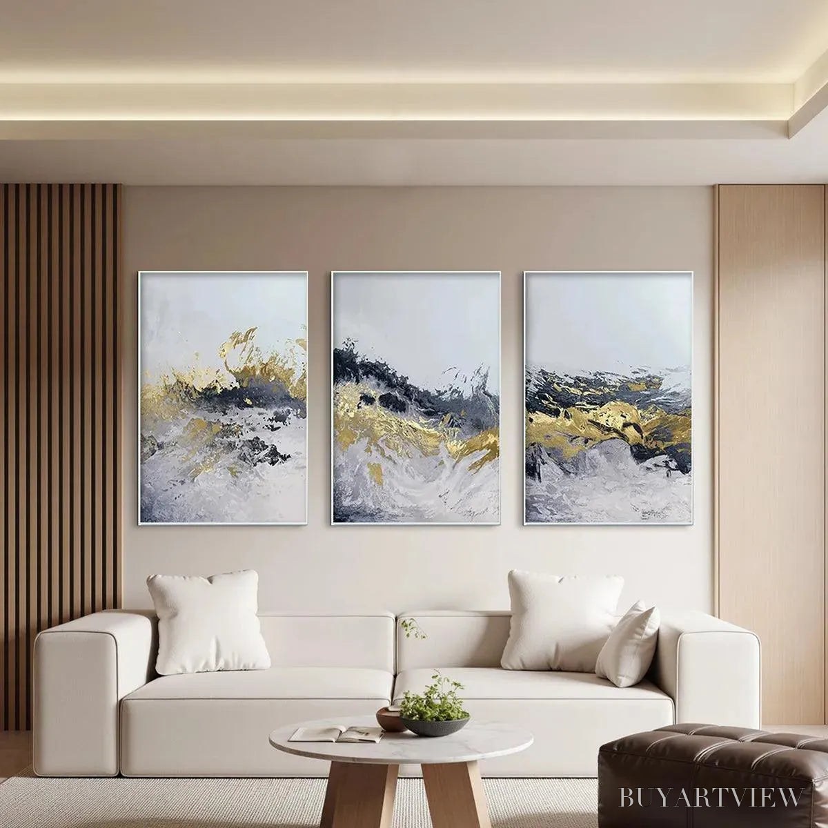 ARTOVITAS Gold & Grey Abstract Triptych – Abstract Painting Set of 3, Vertical - image 5