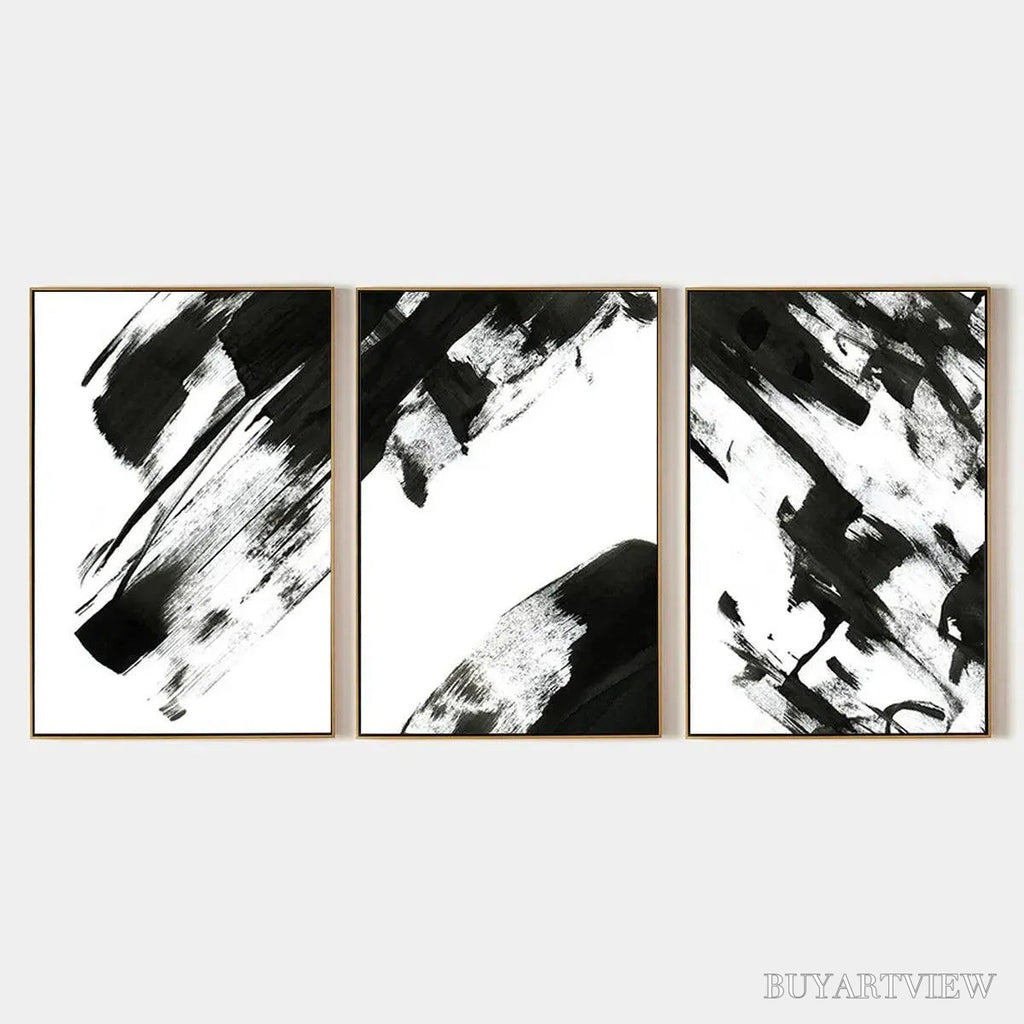 ARTOVITAS Black & White Abstract Triptych – Abstract Painting Set of 3, Vertical - image 1