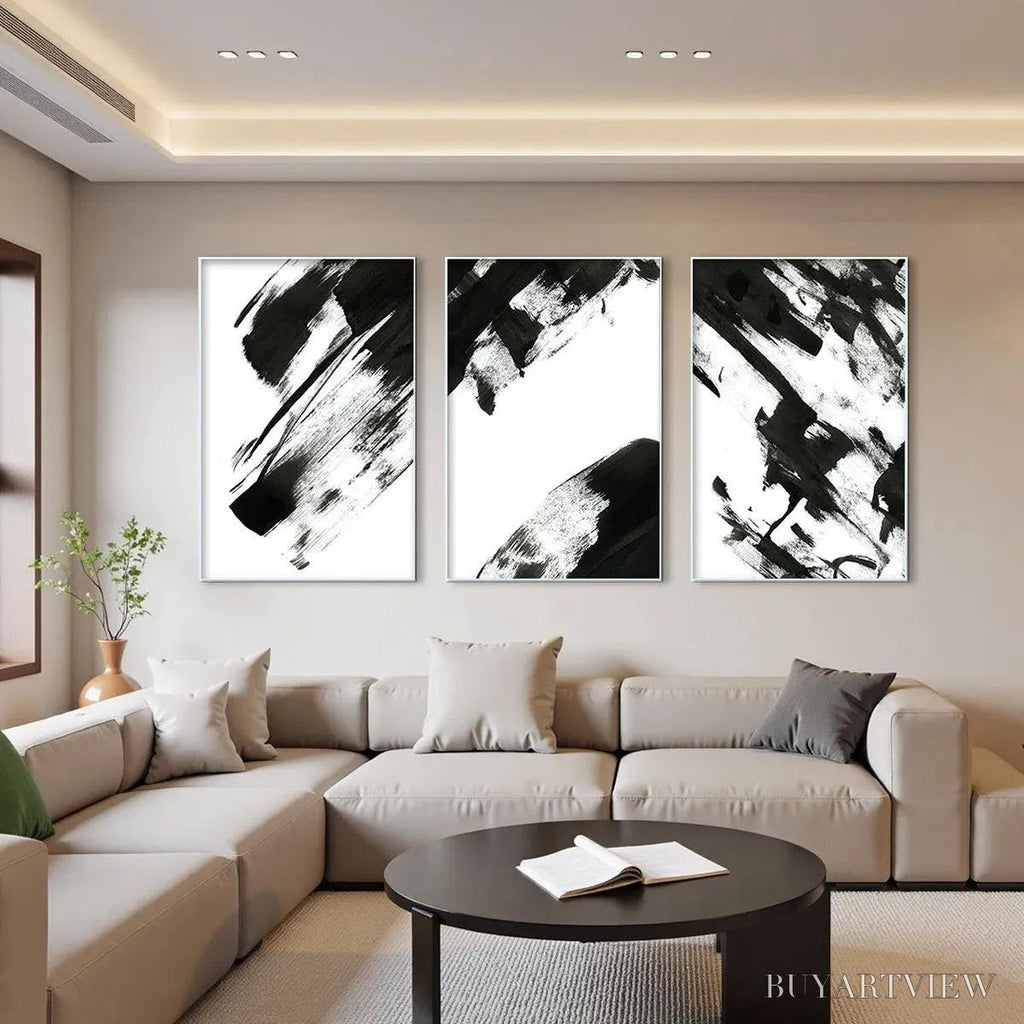 ARTOVITAS Black & White Abstract Triptych – Abstract Painting Set of 3, Vertical - image 2