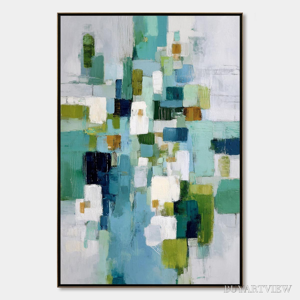ARTOVITAS Emerald Cascade – Modern Geometric Abstract Painting in Green and Blue - image 1