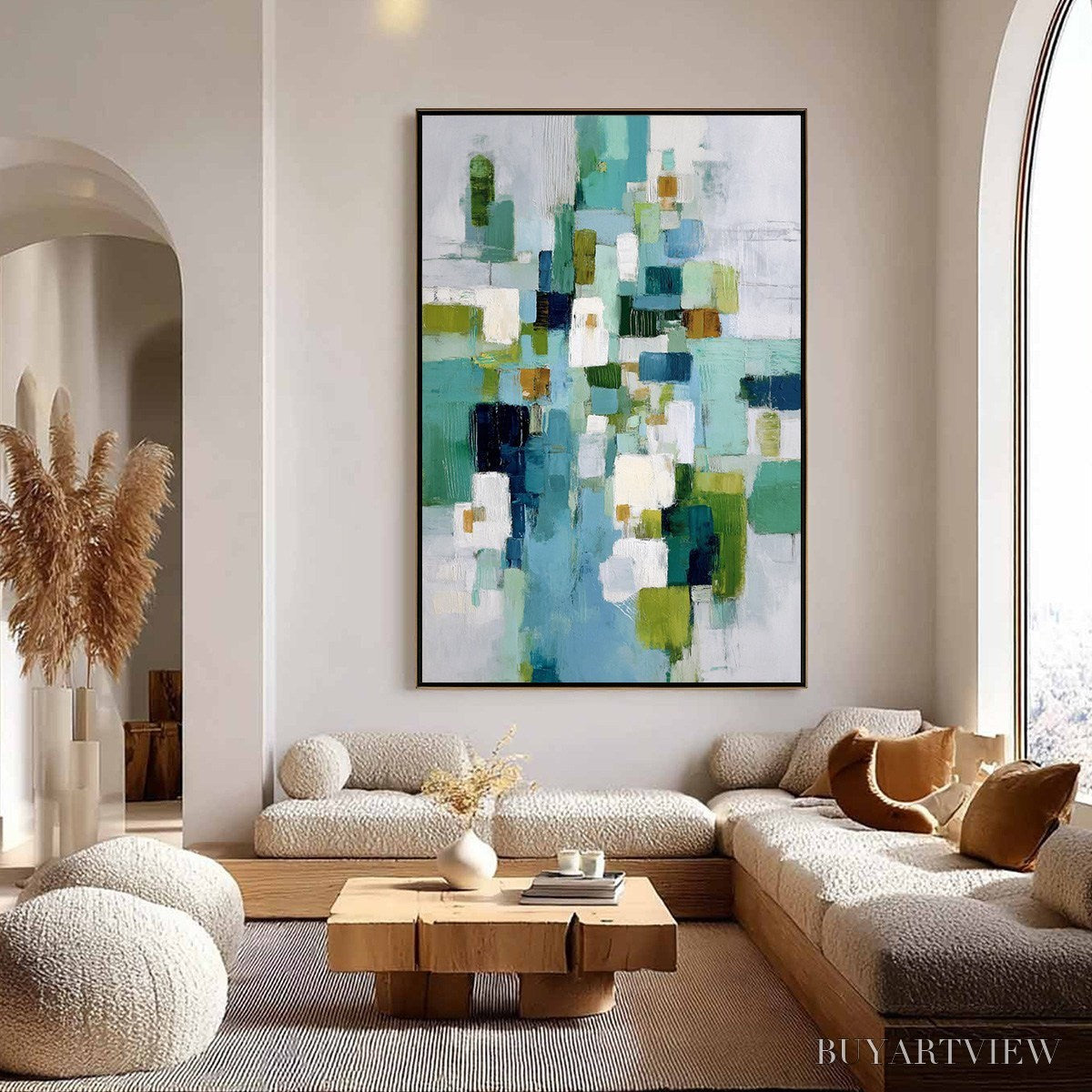ARTOVITAS Emerald Cascade – Modern Geometric Abstract Painting in Green and Blue - image 2