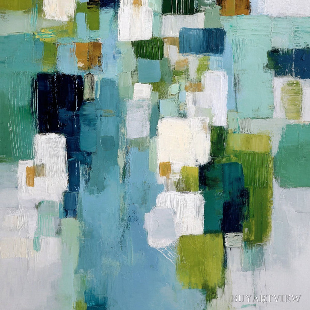 ARTOVITAS Emerald Cascade – Modern Geometric Abstract Painting in Green and Blue - image 3
