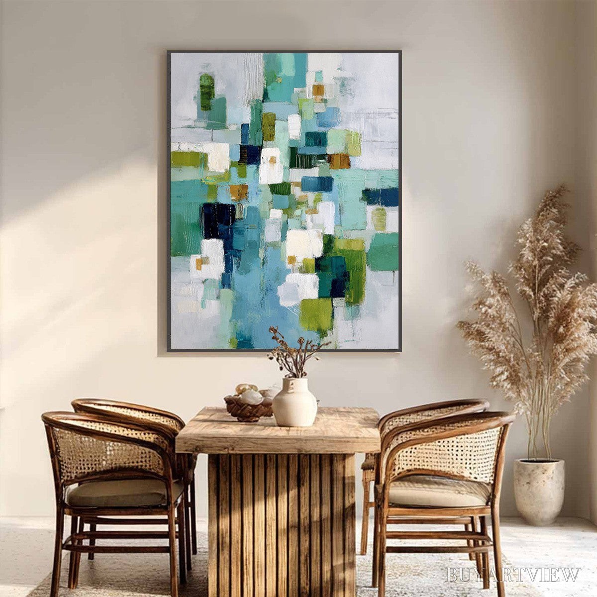 ARTOVITAS Emerald Cascade – Modern Geometric Abstract Painting in Green and Blue - image 4