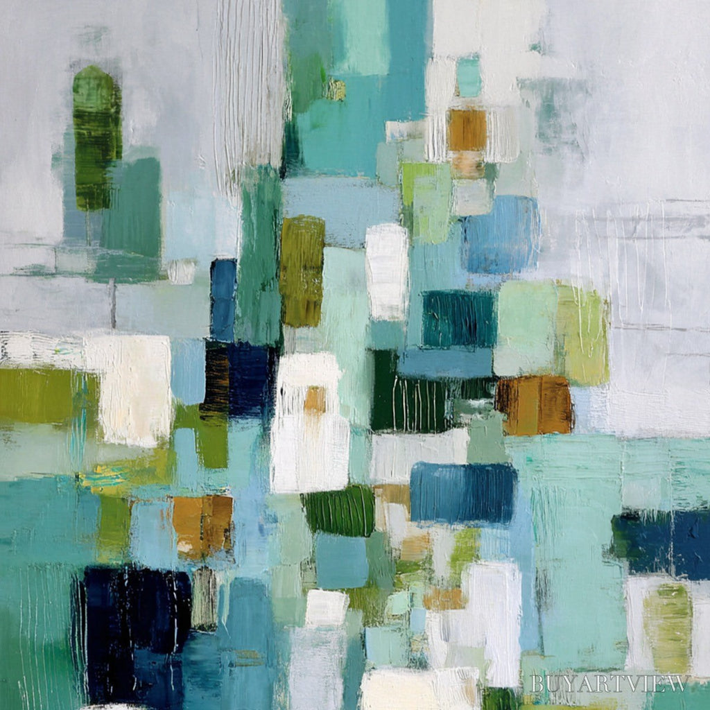 ARTOVITAS Emerald Cascade – Modern Geometric Abstract Painting in Green and Blue - image 5