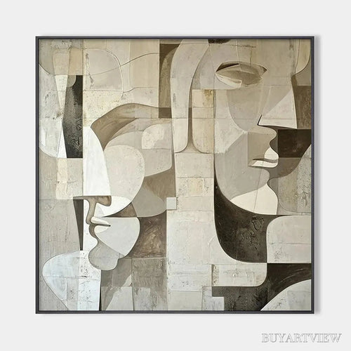 ARTOVITAS Abstract Faces – Cubist Painting, Neutral Tones , Square Canvas Art, Modern Decor - image 1