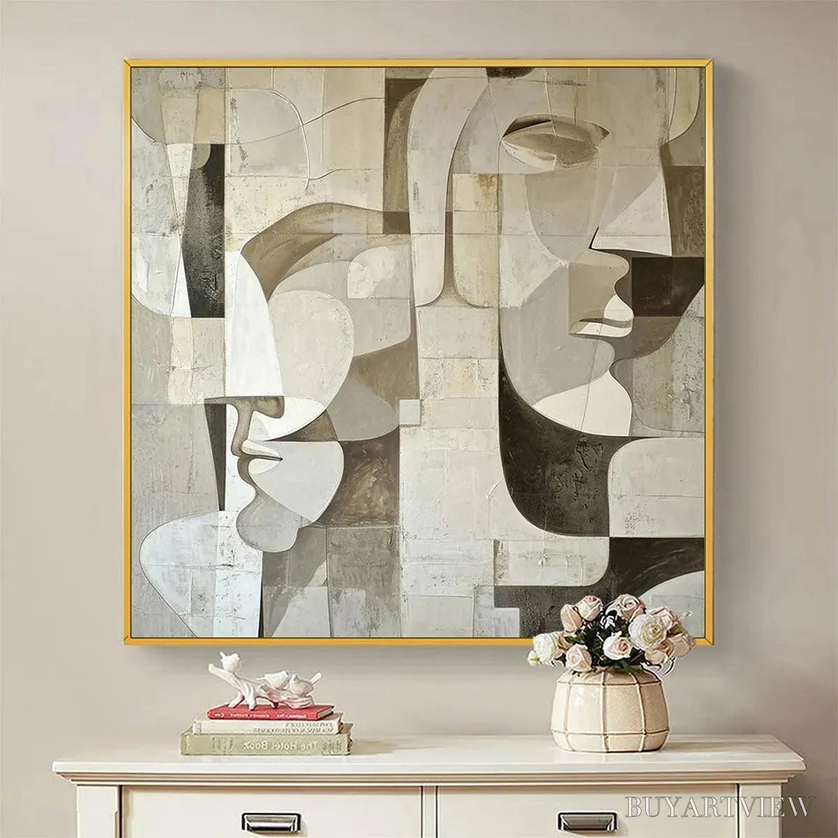 ARTOVITAS Abstract Faces – Cubist Painting, Neutral Tones , Square Canvas Art, Modern Decor - image 2