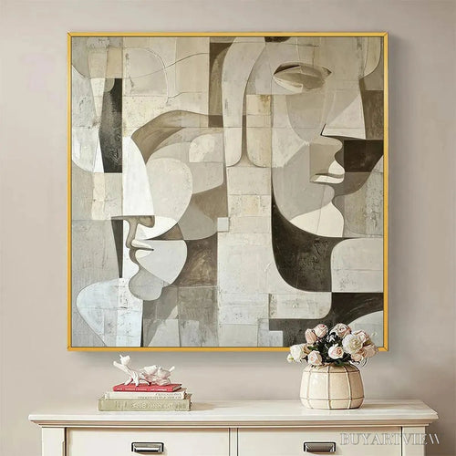 ARTOVITAS Abstract Faces – Cubist Painting, Neutral Tones , Square Canvas Art, Modern Decor - image 2