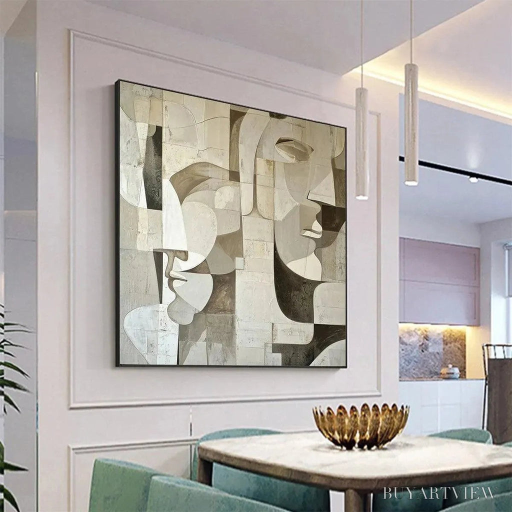 ARTOVITAS Abstract Faces – Cubist Painting, Neutral Tones , Square Canvas Art, Modern Decor - image 4