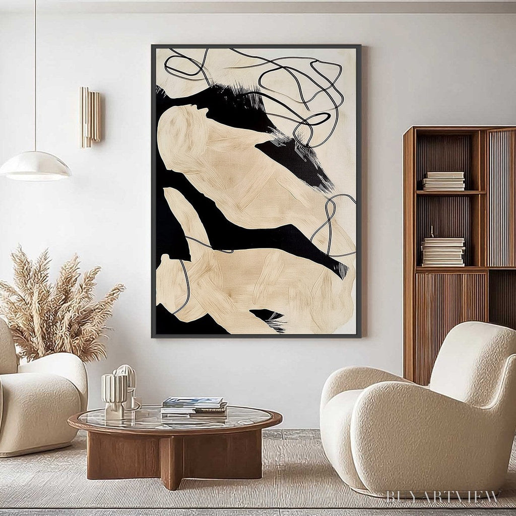 ARTOVITAS Intertwined – Large Vertical Minimalist Black and Beige Abstract Painting - image 2