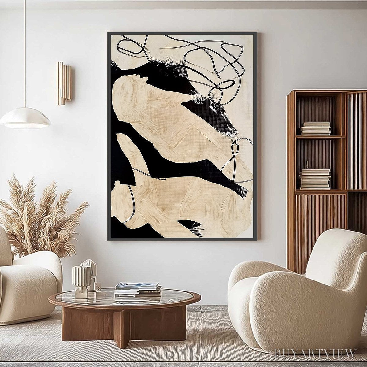 ARTOVITAS Intertwined – Large Vertical Minimalist Black and Beige Abstract Painting - image 2