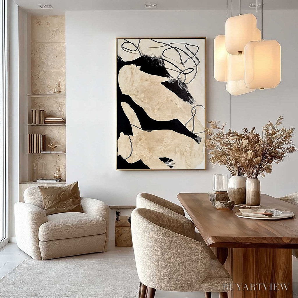 ARTOVITAS Intertwined – Large Vertical Minimalist Black and Beige Abstract Painting - image 4